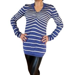 RICHARD CHAI BLUE WHITE STRIPE RUCHED V NECK LONG SWEATER KNIT TOP NWT M/L